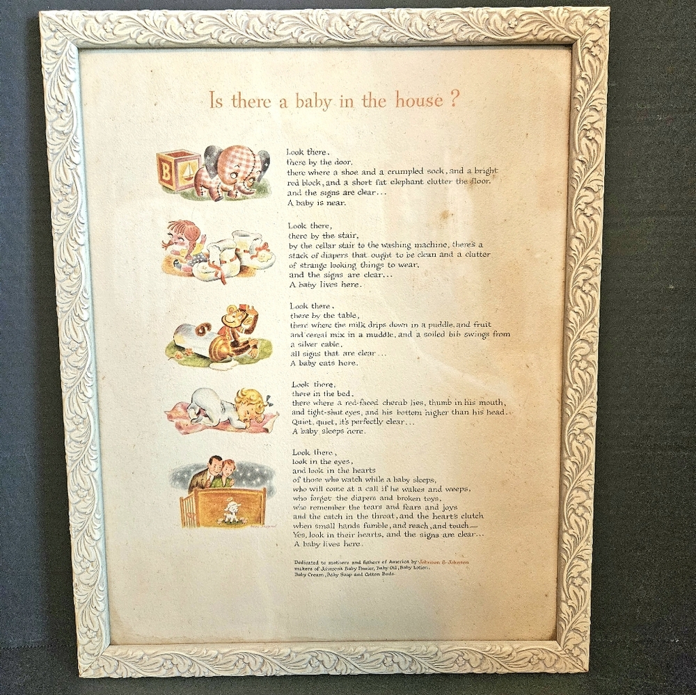 Vintage Litho Framed Nursery Rhyme Advertisement "Is there a baby in the house?